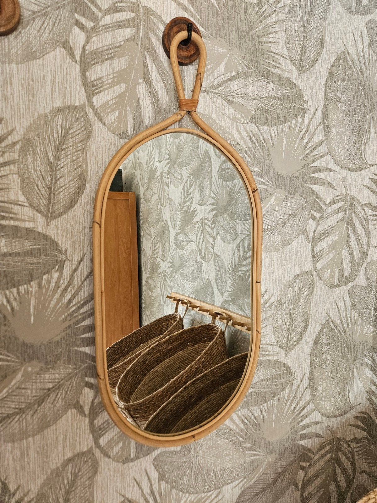 Rotan spiegel ovaal met ophanglus | Boho / Ibiza stijl wands, Ophalen, Minder dan 50 cm, Zo goed als nieuw, Minder dan 100 cm