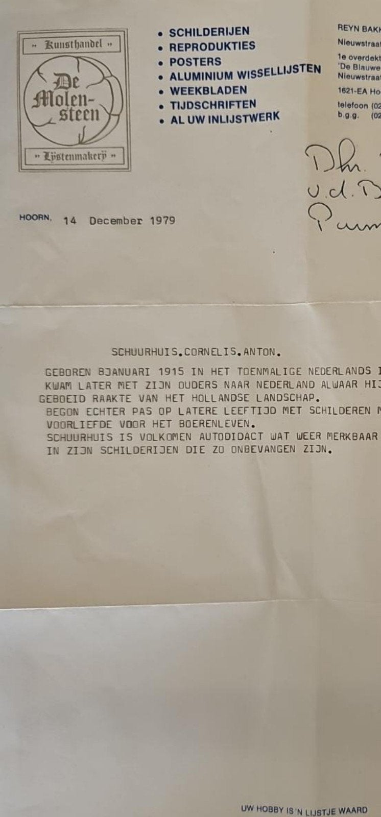 Cornelis Anton Schuurhuis XL Schilderij met Brief uit 1979, Ophalen, Doek, Realistisch, Origineel werk