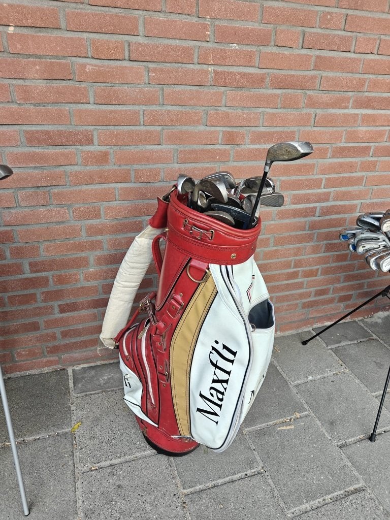 Vintage Maxfli golftas (rood/wit/goud) + clubs optioneel, Sport en Fitness, Ophalen of Verzenden, Gebruikt, Tas, Overige merken