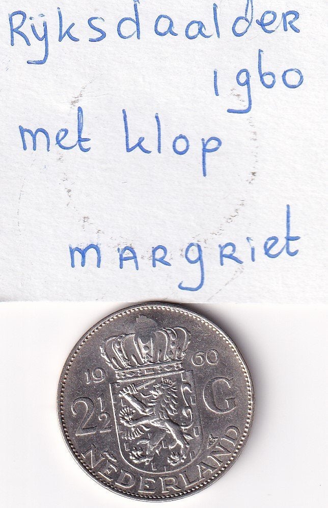 Rijksdaalder 1960 met Klop Margriet met kaartje, Koningin Juliana, Zilver, Ophalen of Verzenden, Losse munt