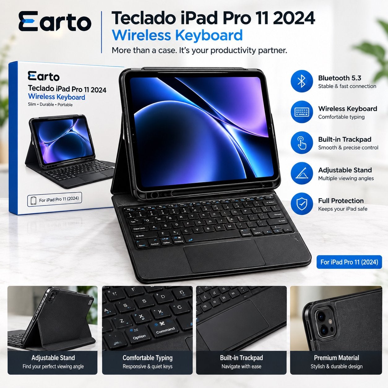 Earto Draadloos Toetsenbord voor iPad Pro 11 (2024)