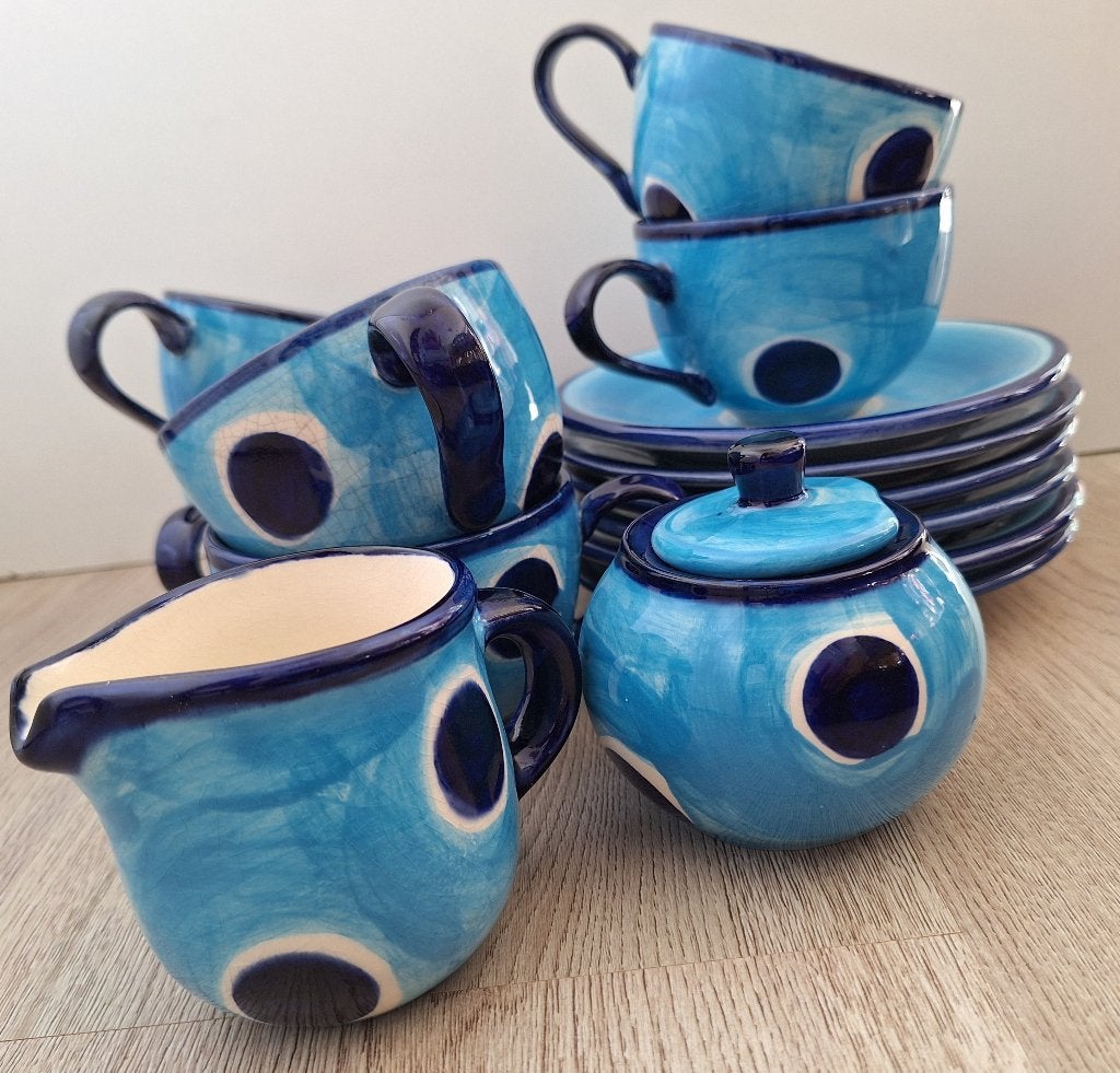 6 kop en schotels melk- en suikerset Millwood potteries, Gebruikt, Ophalen of Verzenden, Overige stijlen, Kop(pen) en/of Schotel(s)