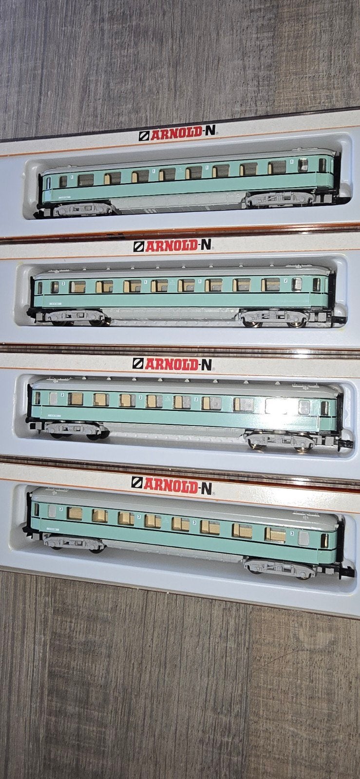 Arnold ns turqoise rijtuigset 3680 4 delig topstaat ovp, Arnold, Gelijkstroom, Wagon, Ophalen of Verzenden