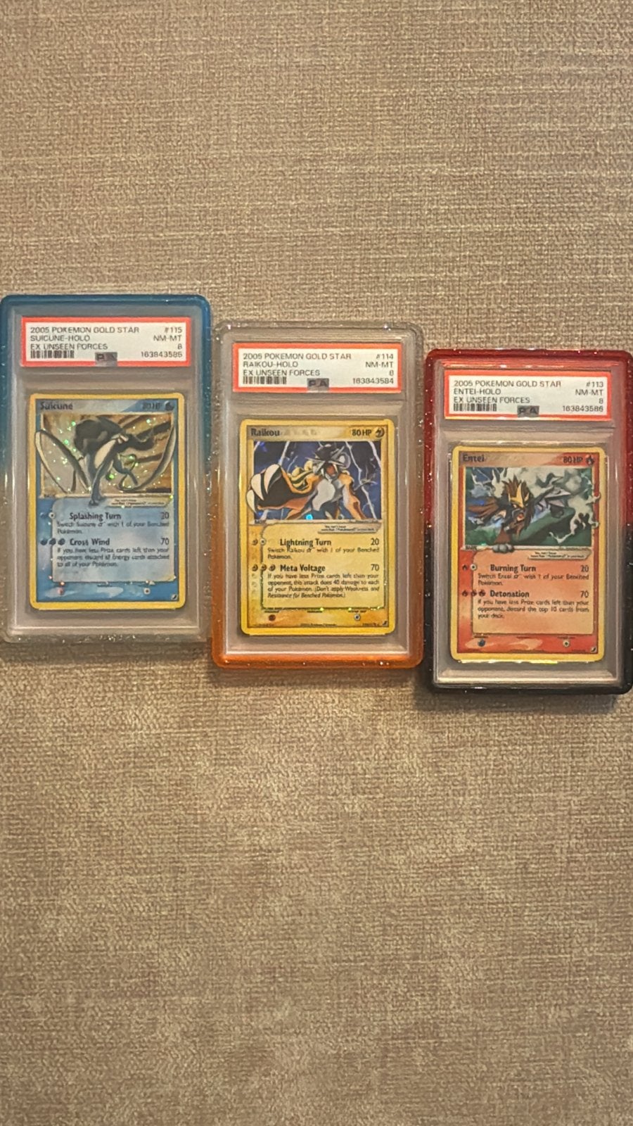 PSA 8 Pokémon Gold Star Suicune, Raikou, Entei (Sequential), Ophalen, Zo goed als nieuw, Meerdere kaarten