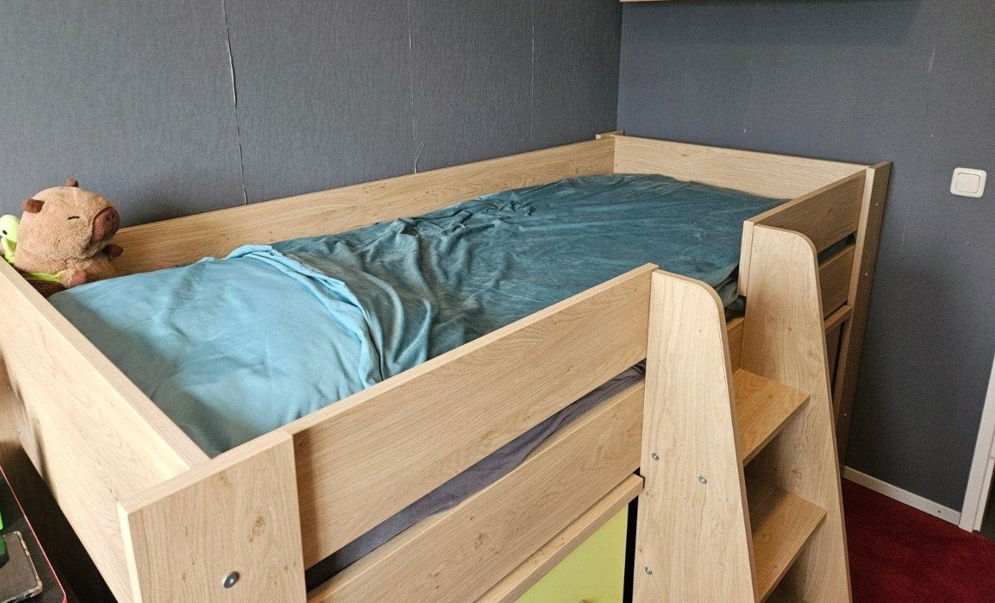 Halfhoogslaper met 2 kastjes en trap, Ophalen, Gebruikt, 90 cm, Eenpersoons