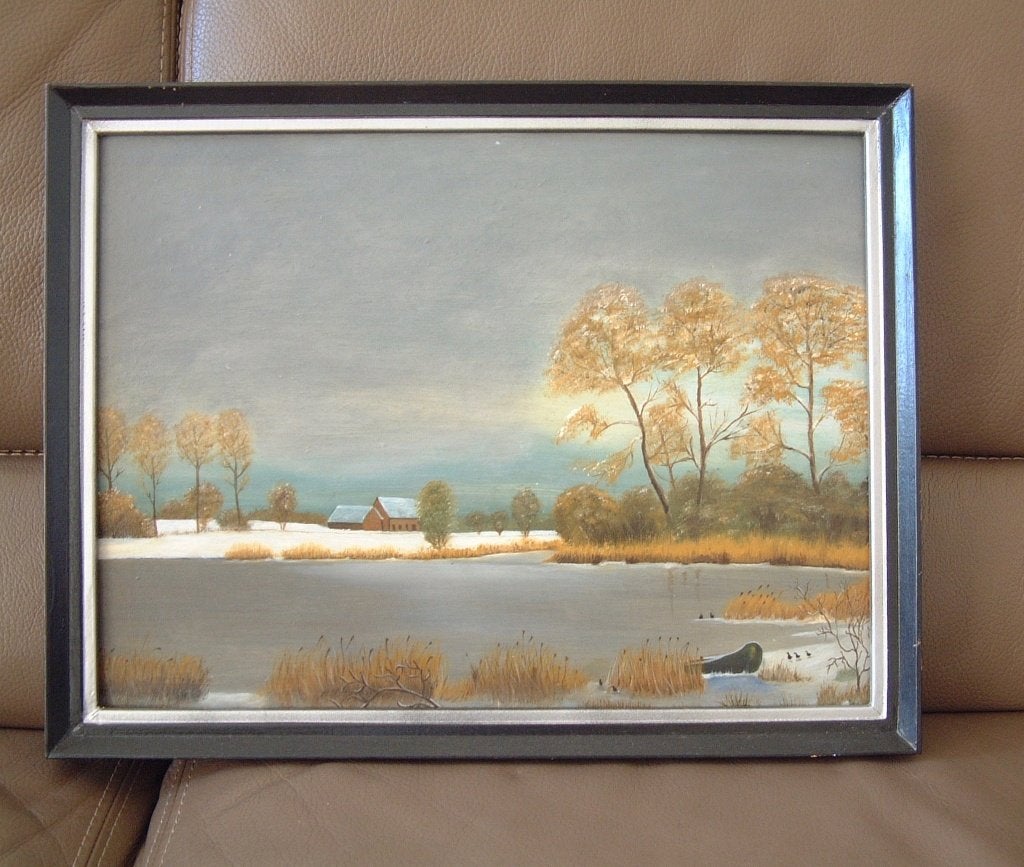 prachtig echt winter olieverf schilderij op board in lijst, Ophalen of Verzenden