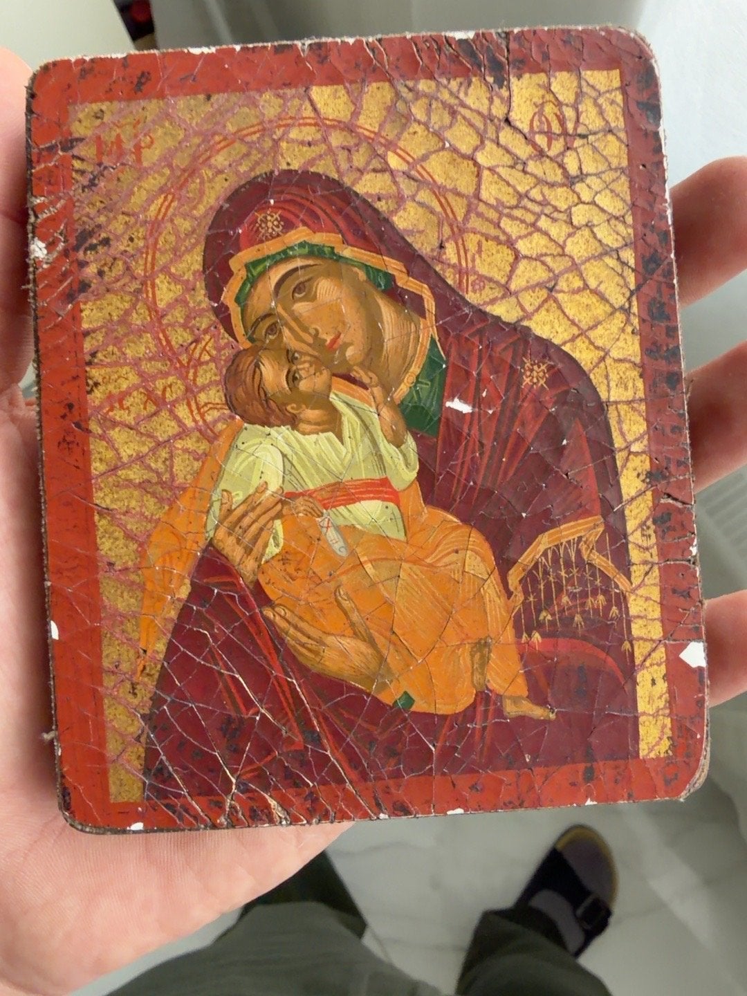 Antieke Byzantijnse icoon - Moeder Gods Glikofilousa, Antiek en Kunst, Ophalen of Verzenden