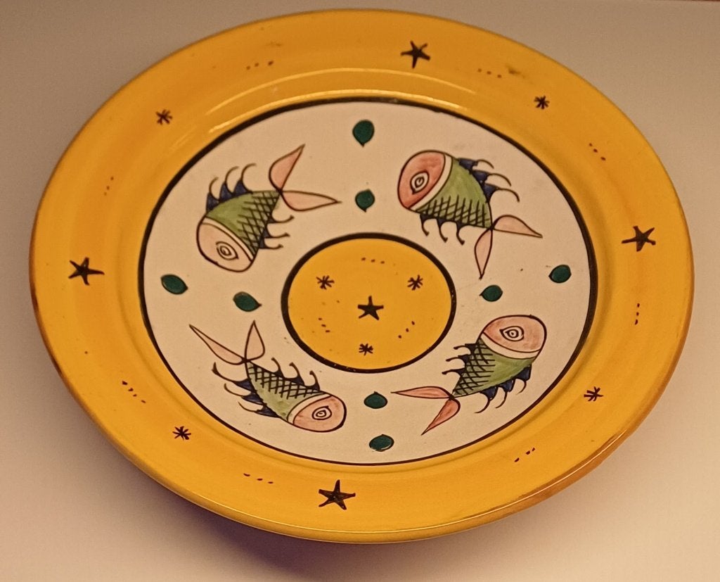 Vintage aardewerk schaal met vissendessin, Ophalen, Schaal, Rond, Zo goed als nieuw