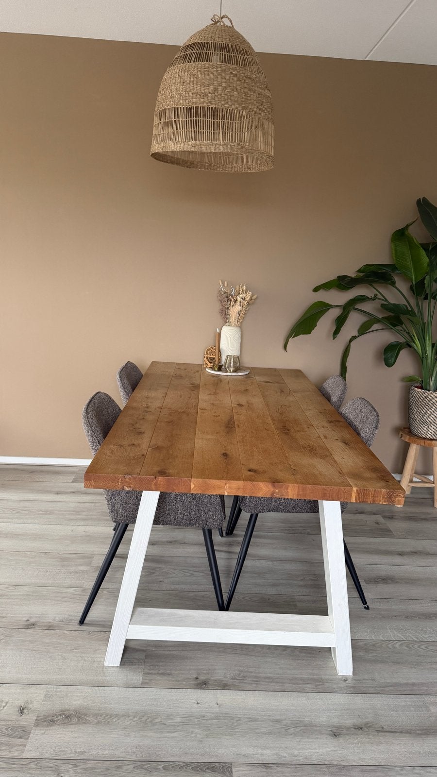 Landelijke eikenhouten boomstam eettafel wit A-frame 2mx1m, 100 tot 150 cm, Eikenhout, Ophalen of Verzenden, Zo goed als nieuw