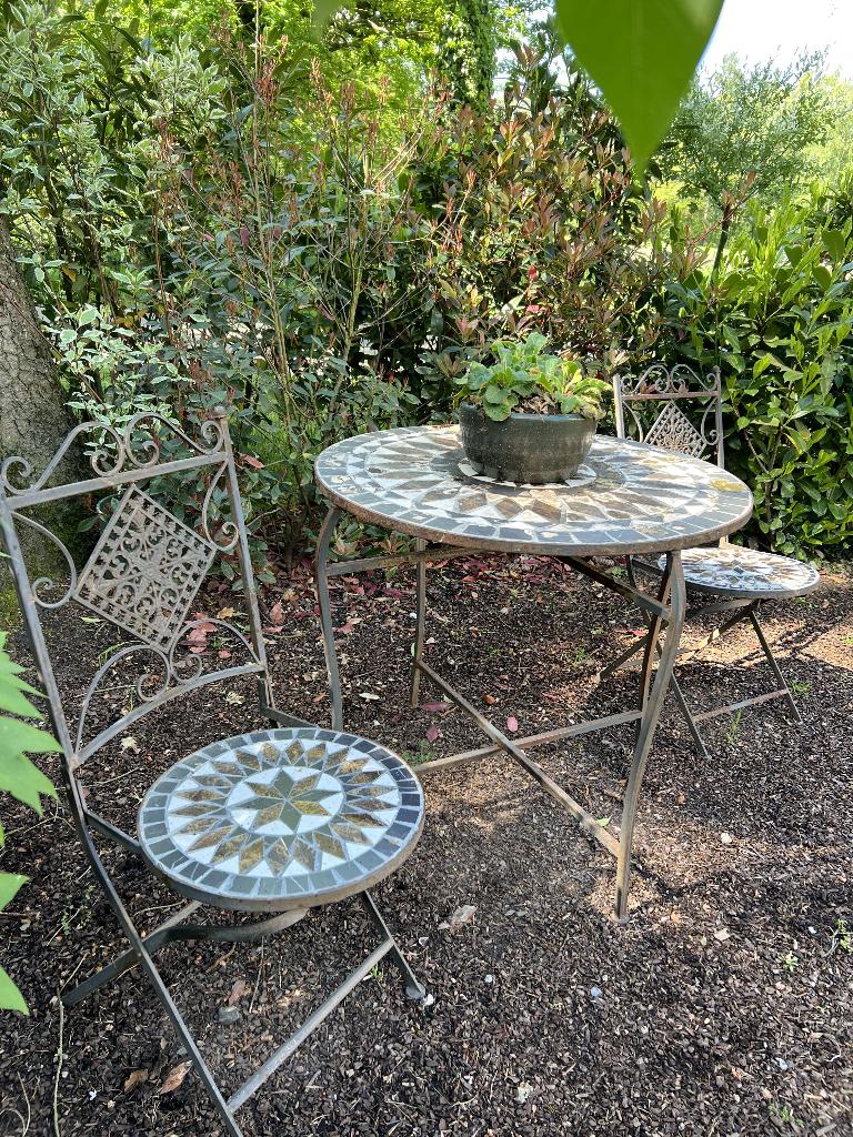 Franse bistroset met mozaïek – sfeervol tuinsetje, Tuin en Terras, Tuinsets en Loungesets, Overige materialen, Gebruikt, Tuinset