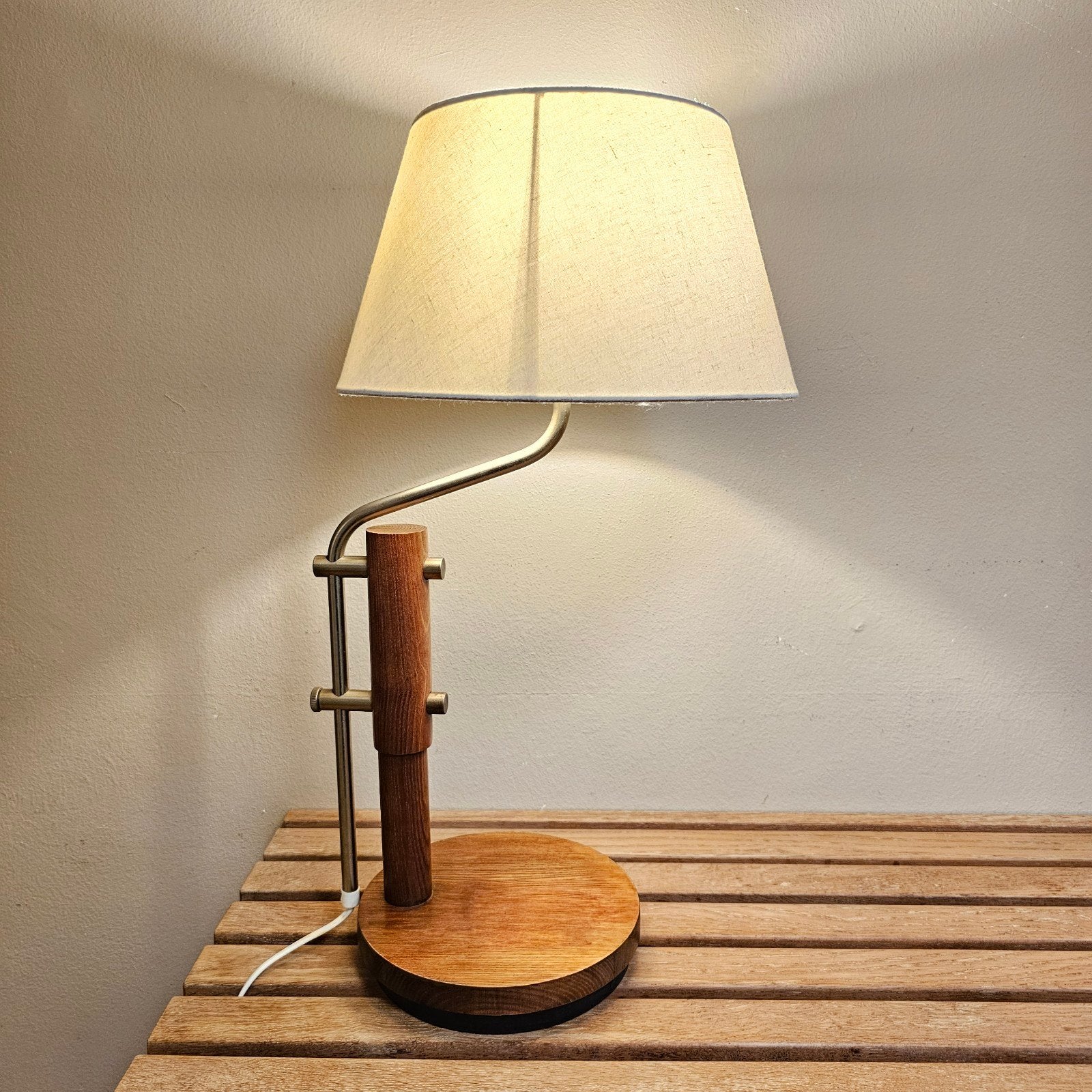 Vintage Deens design Tafellamp - teak linnen, X, Overige kleuren, 58 cm, Hout