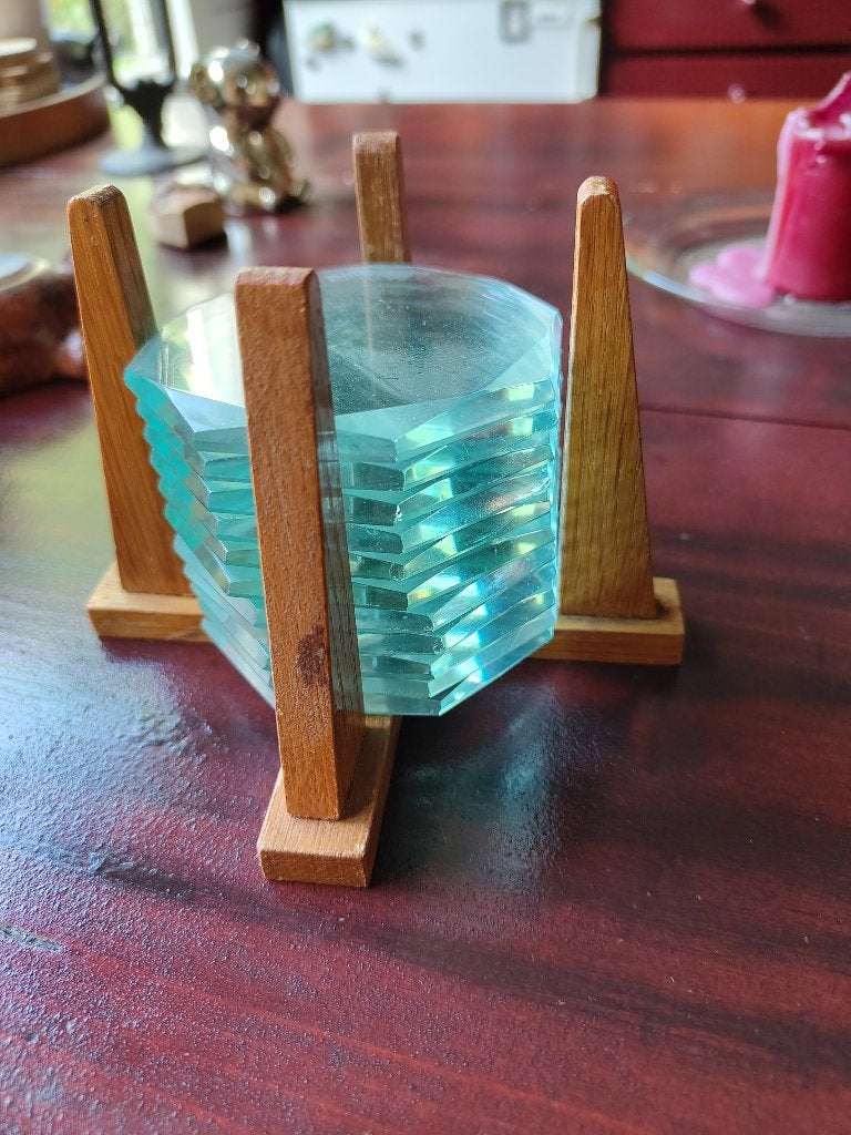 Vintage design onderzetters glas in houten standaard, Ophalen of Verzenden
