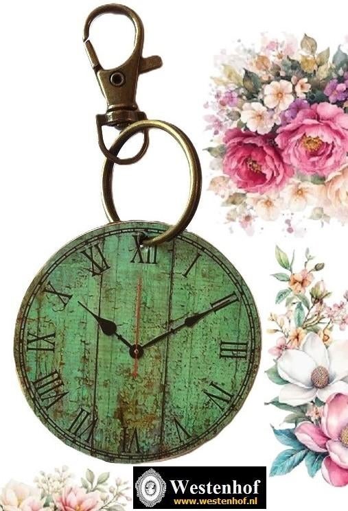 Vintage sleutelhanger klok ronde hout groen metaal brons, Verzamelen, Sleutelhangers, Nieuw, Verzenden