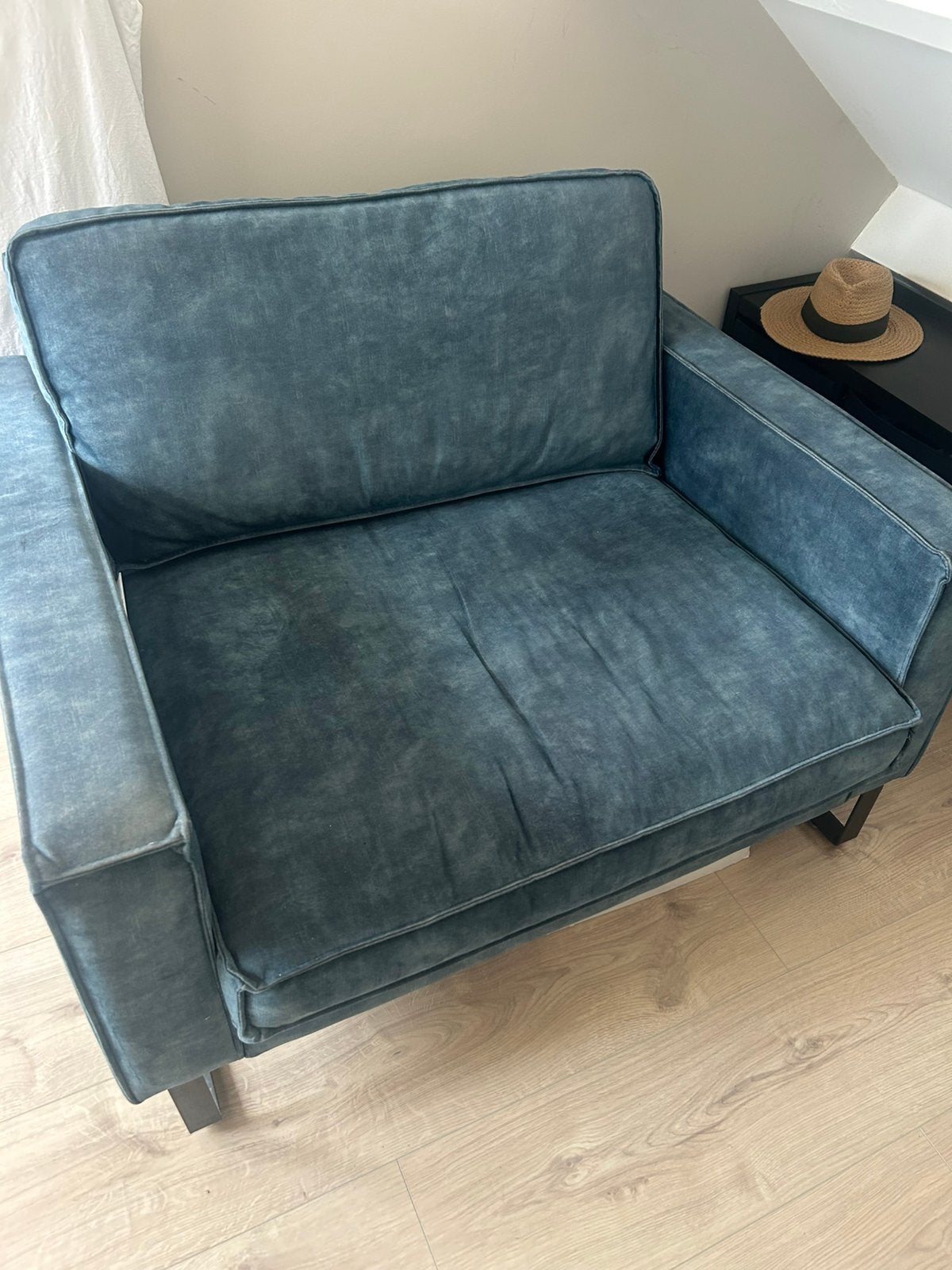 Mooie blauwe velours fauteuil te koop, Ophalen, Gebruikt, Eenpersoons, 75 tot 100 cm