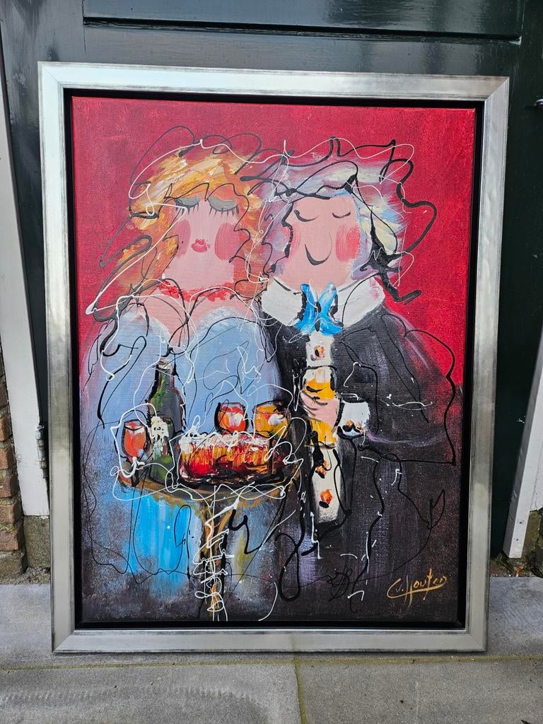 Schilderij Caspar van Houten - Romantisch stel met drankjes, Antiek en Kunst, Ophalen