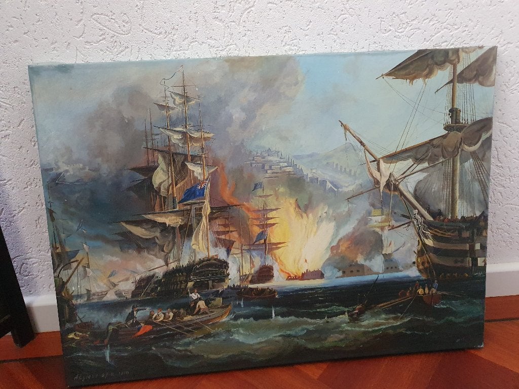 Olieverfschilderij Bombardement op Algiers (1816) 70x50 cm, Maritiem / water, Doek, Gedateerd, Ophalen of Verzenden