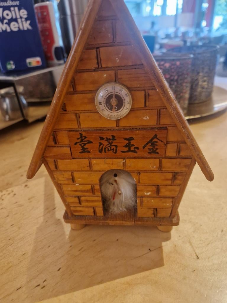 Houten spaarpot huisje met thermometer, Ophalen of Verzenden, Metaal of Blik, Overige thema's