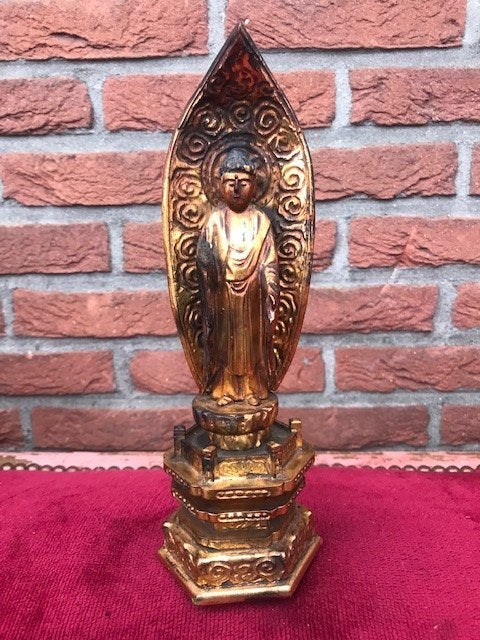 antiek houten Boeddha beeld, Japan, Ophalen of Verzenden, Hout, Goud, Houtsnijwerk