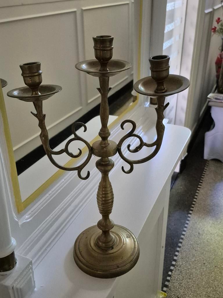 Antieke Koperen Kandelaar met Drie Armen, Antiek en Kunst, Ophalen of Verzenden