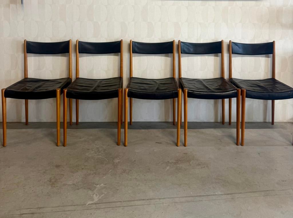 Vintage Lübke stoelen (5 stuks) teak zwart eetkamerstoelen, Gebruikt, Bruin, Vintage, Vijf, Zes of meer stoelen
