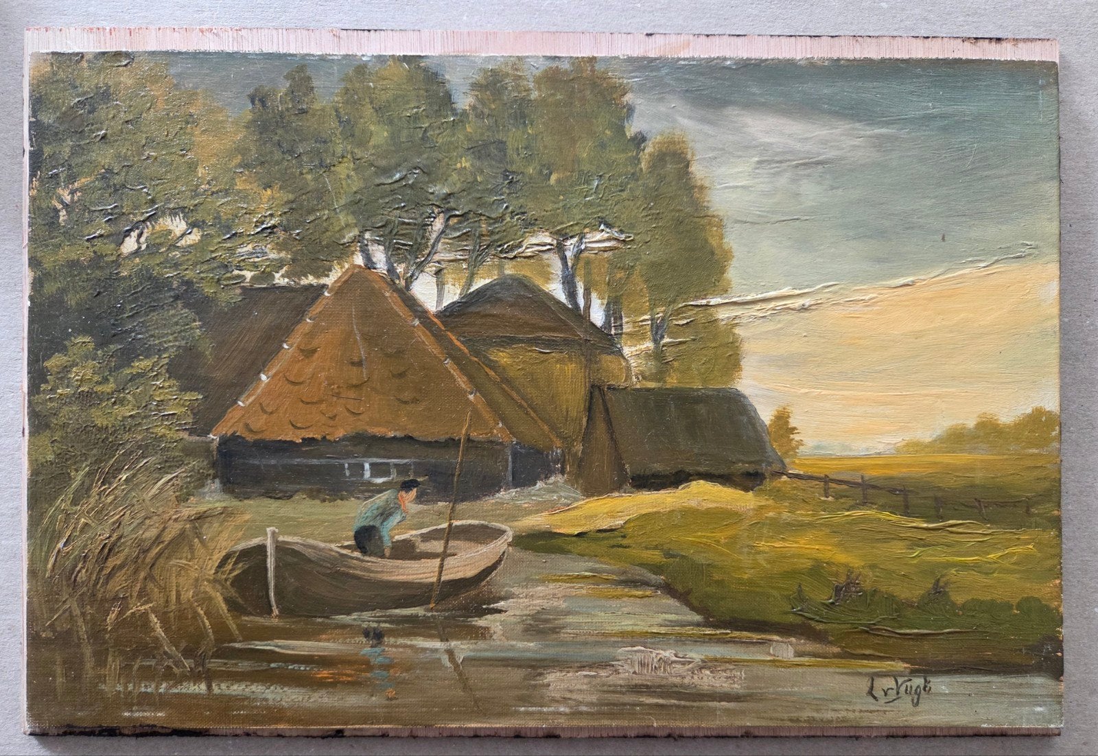 Boerderij. Olieverf op paneel. L. van Vugt., Antiek en Kunst, Ophalen of Verzenden