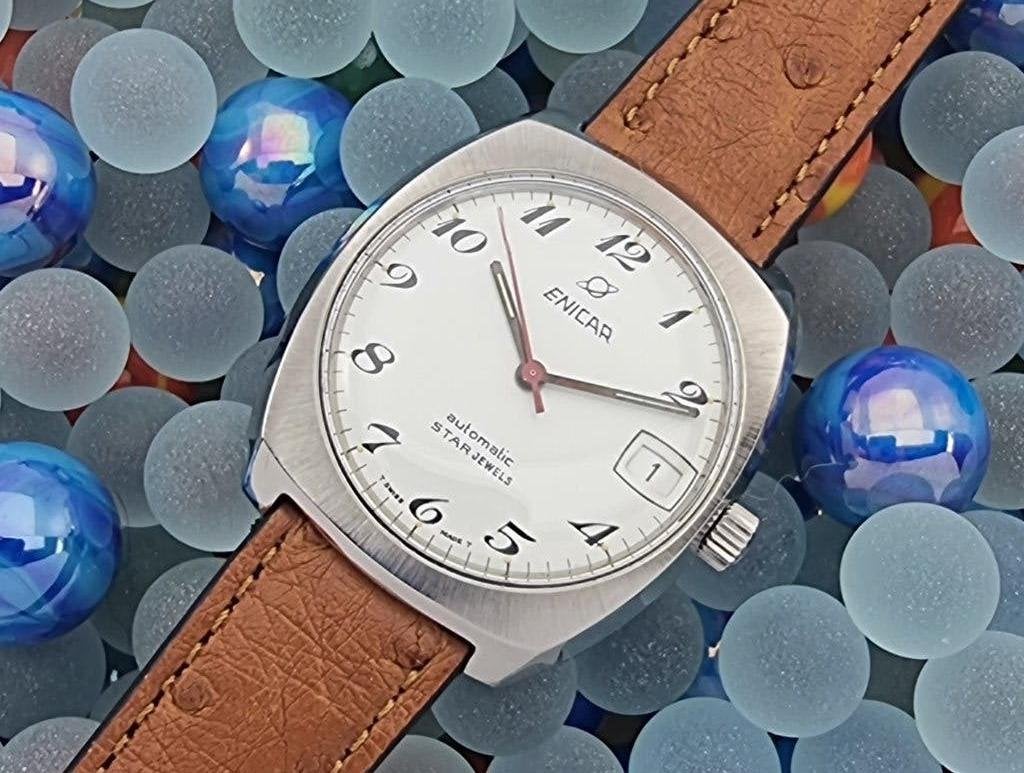 Enicar Ocean Pearl star jewels auto date 1970 Supercondition, Staal, Polshorloge, 1960 of later, Ophalen
