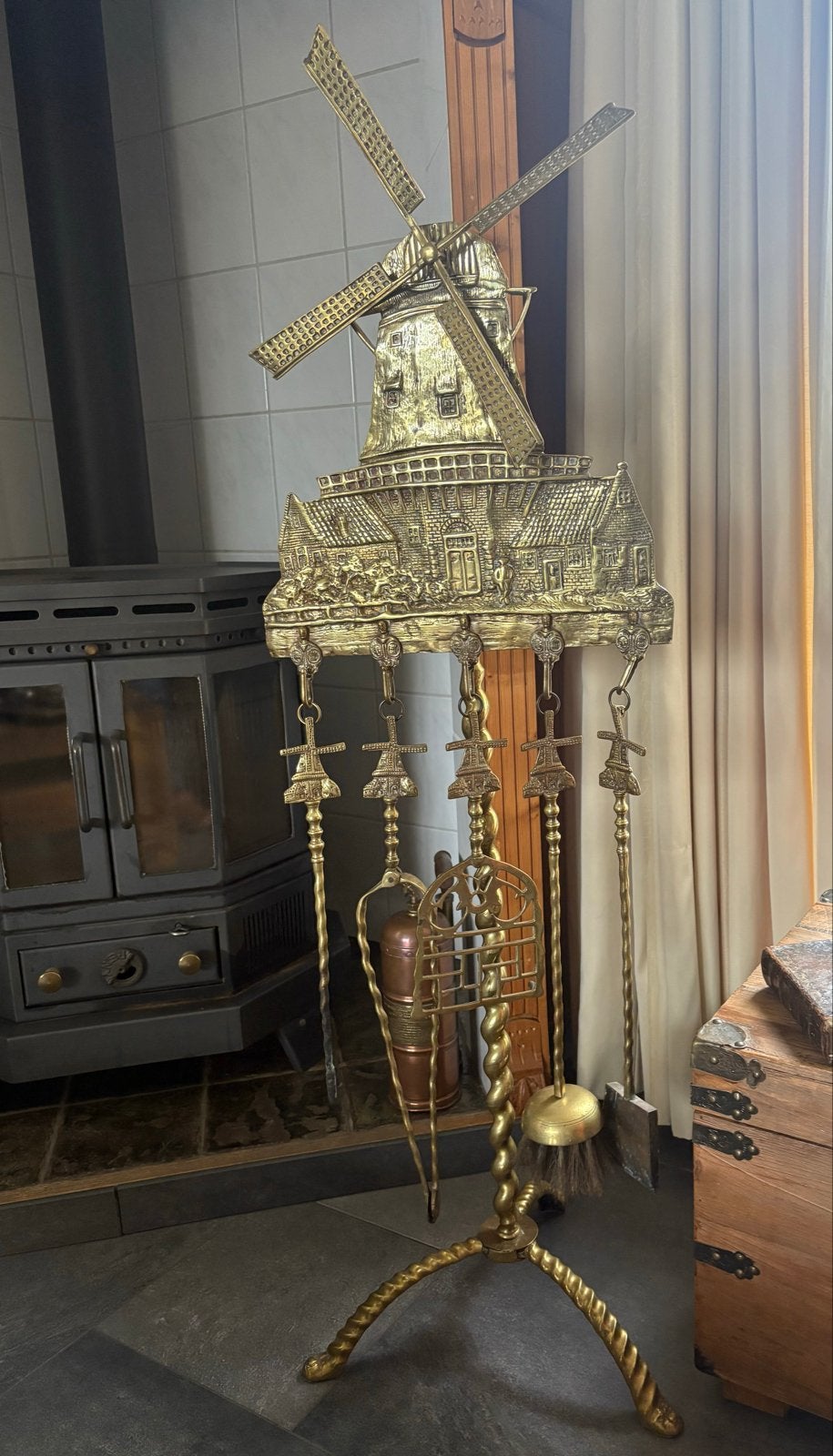 Antieke Messing Haardset - Molen Thema (6-delig), Ophalen of Verzenden