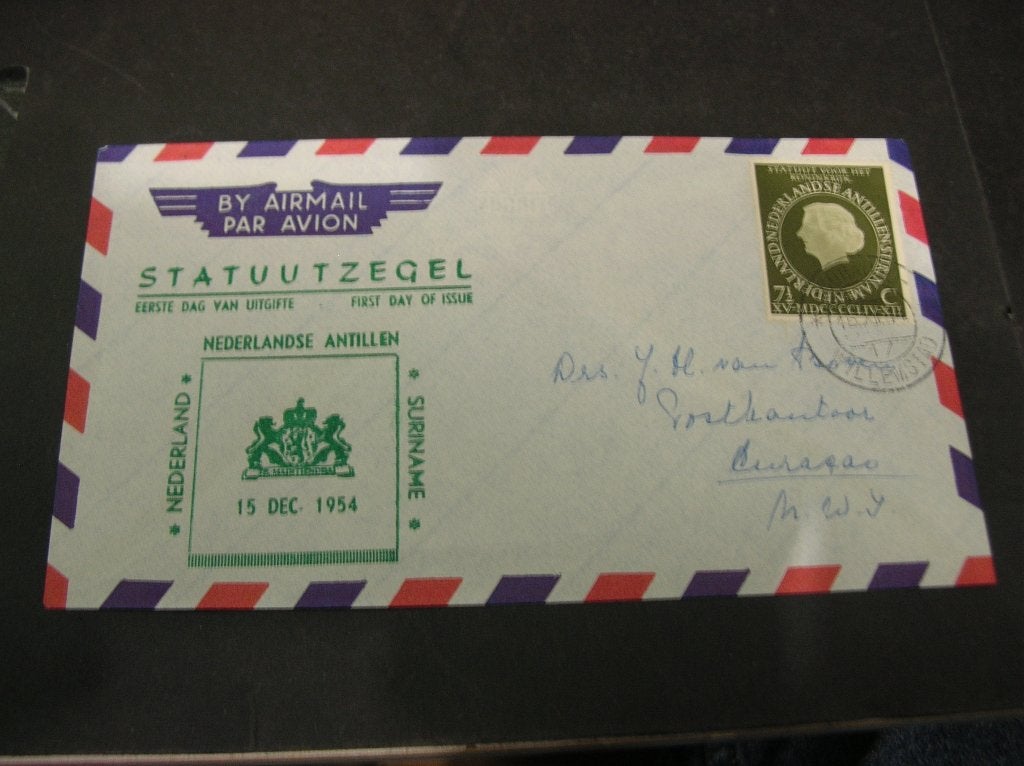 FDC Ned Antillen 1954 Statuutzegel, Ophalen of Verzenden, Gestempeld