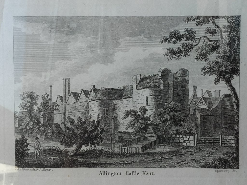 Mooie antieke ingelijste Engelse ets van Allington castle., Ingelijst, 1800 - 1899, Ophalen of Verzenden, Gravure
