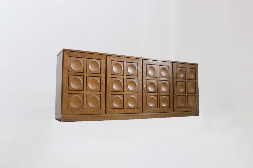 Vintage Brutalist Sideboard 1970s Gerhard Bartels, Eikenhout, Met lade(s), Ophalen of Verzenden, 200 cm of meer