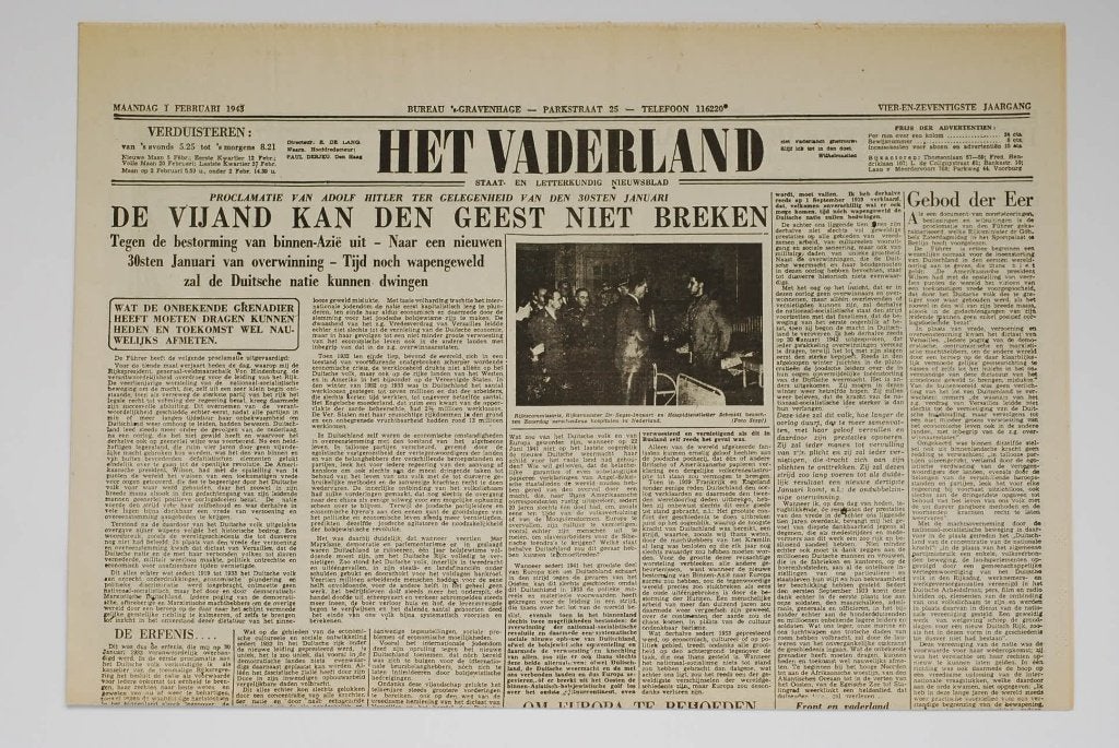 Het Vaderland 01-02-1943 herdruk krant Tweede Wereldoorlog, Verzamelen, Zo goed als nieuw, Verzenden, Amsterdam, Overige soorten