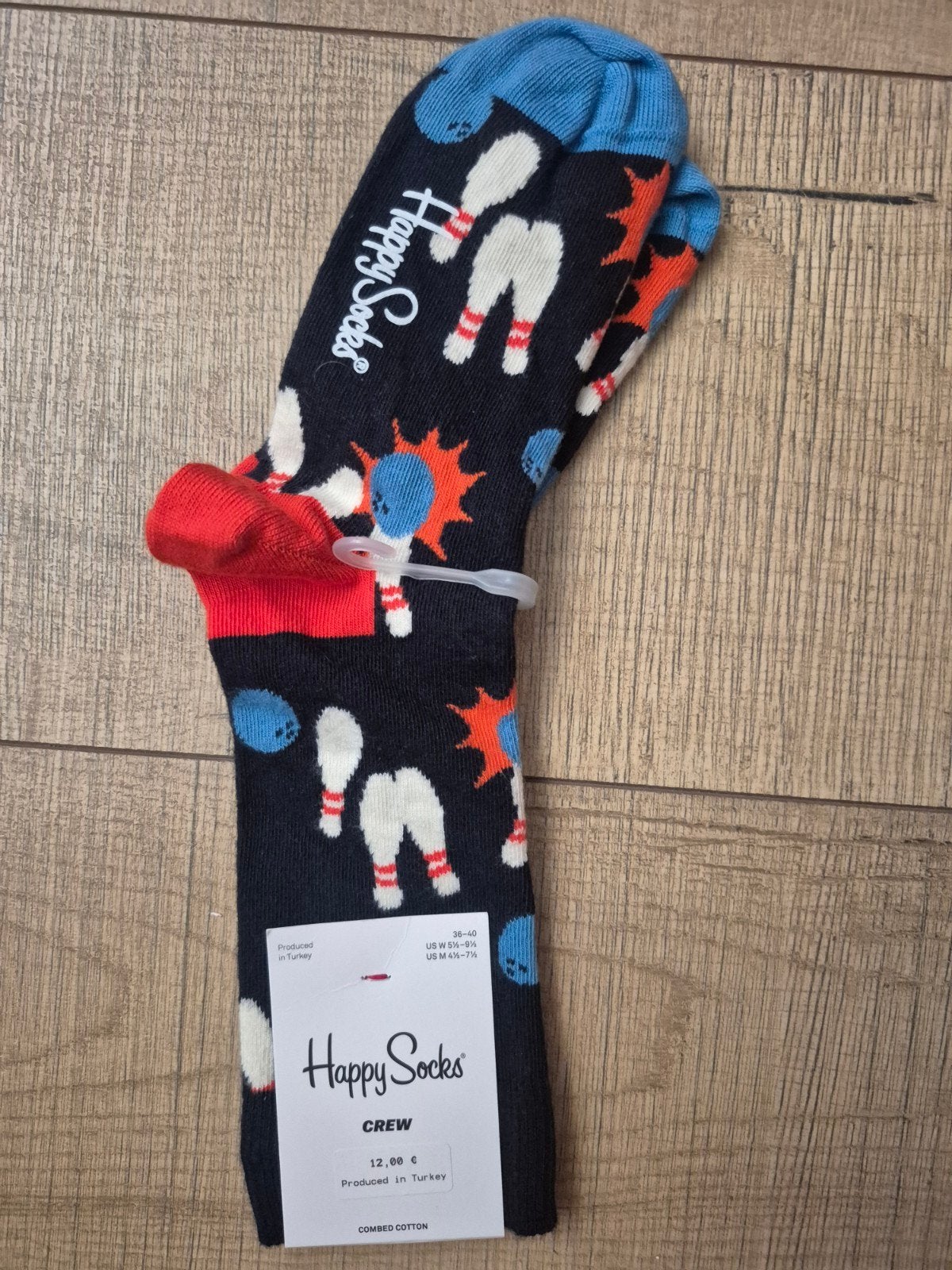 Happy Socks Crew Sokken - Bowling Pins Design, Sokken en Kniesokken, Zwart, Maat 35 t/m 38, Nieuw