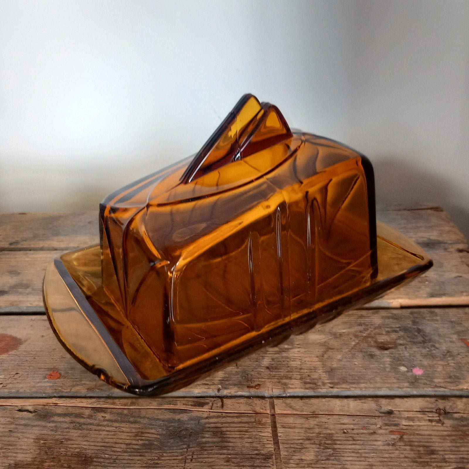 Vintage kaas-botervloot van amberkleurig glas, Ophalen of Verzenden