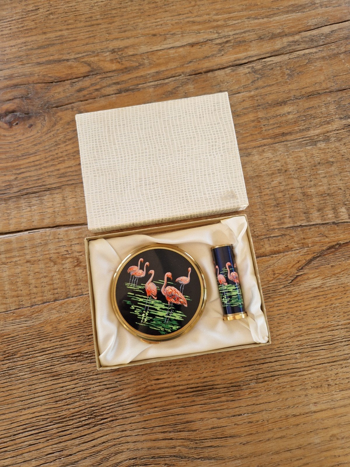 Vintage Poederdoos en Lippenstift Houder met Flamingo's, Antiek en Kunst, Ophalen of Verzenden