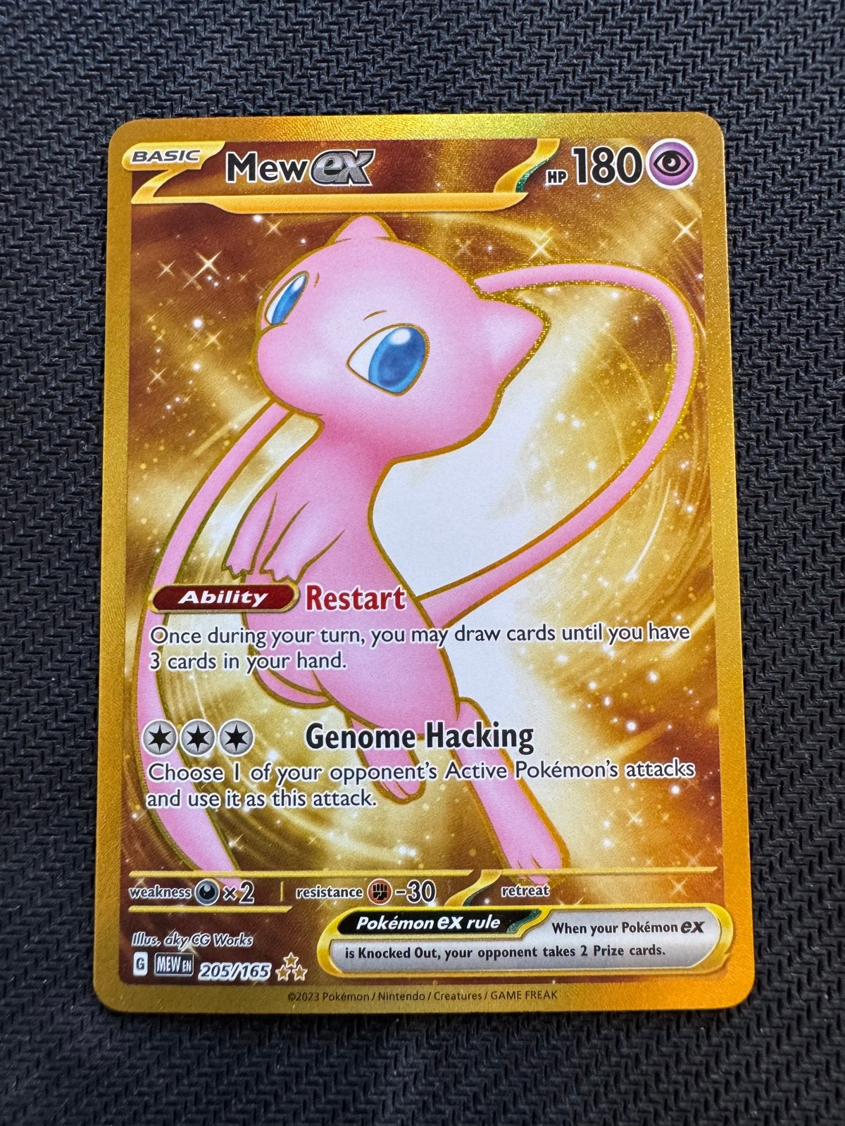 Mew ex 205/165 Gold Secret Rare Pokémon kaart 151, Ophalen of Verzenden, Zo goed als nieuw, Losse kaart, Foil