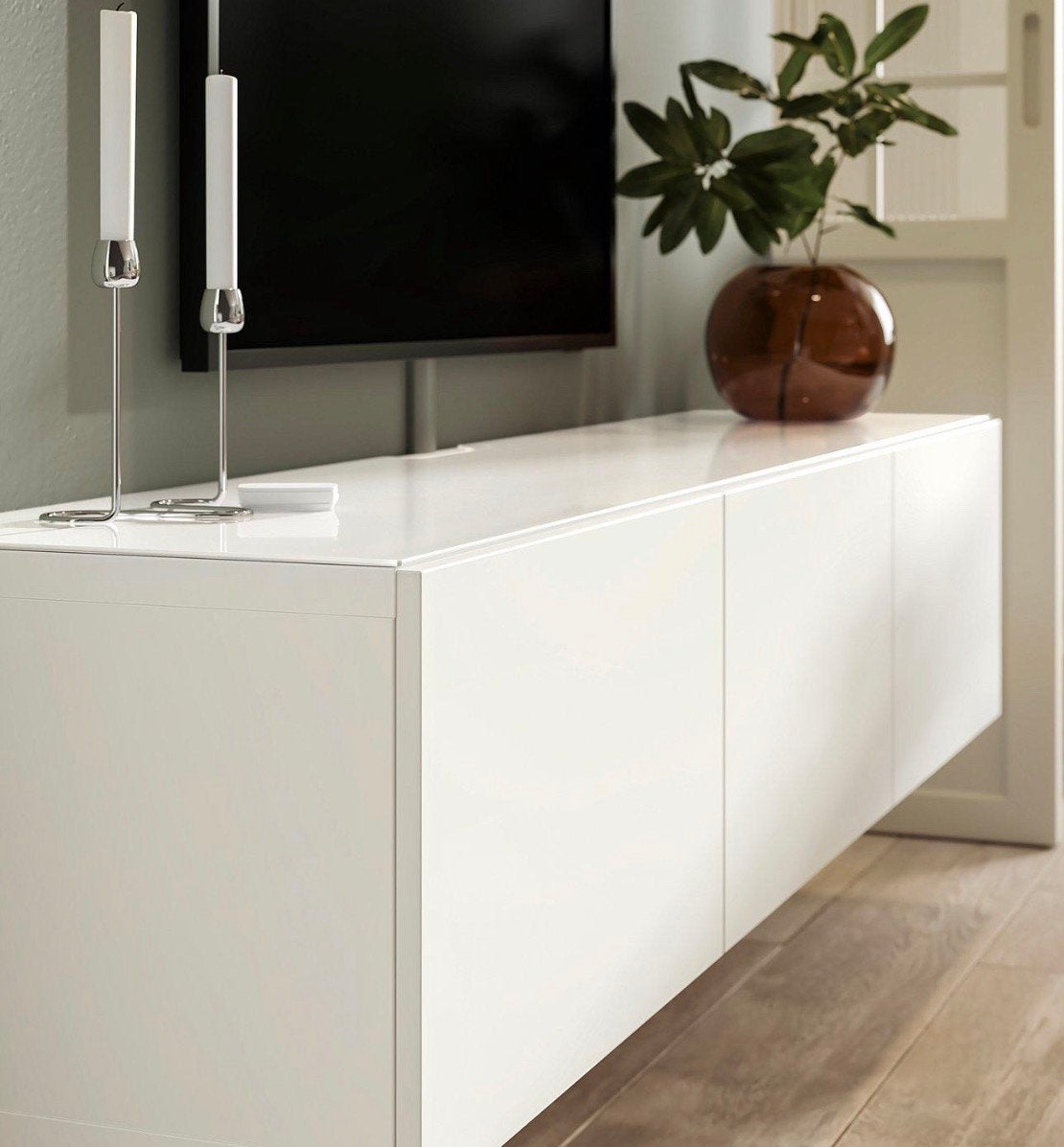 IKEA BESTÅ TV-meubel wit 180 cm + glazen bovenplaat, Ophalen, 150 tot 200 cm, Zo goed als nieuw, Minder dan 100 cm