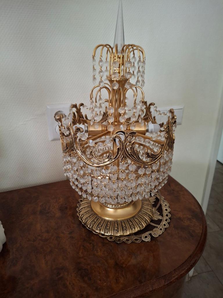 Antieke kristallen tafellamp - Brons goud verguld, Antiek en Kunst, Ophalen