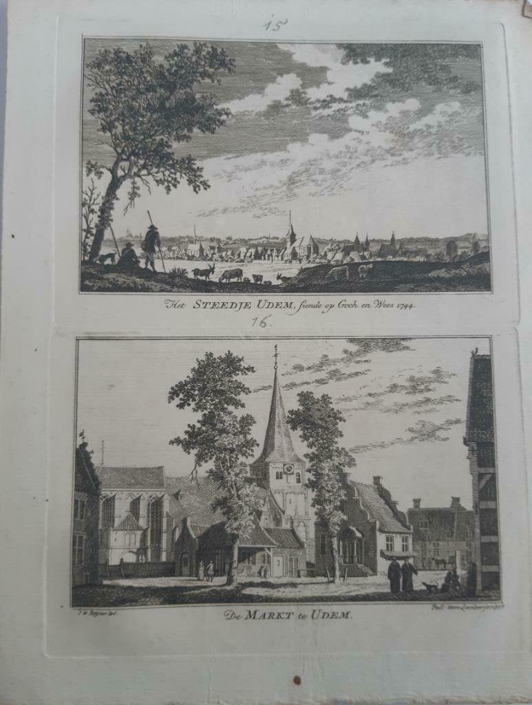15-16 / Stad en markt Uedem - Udem Kleef. Kopergravure 1792, Antiek en Kunst, Ophalen of Verzenden
