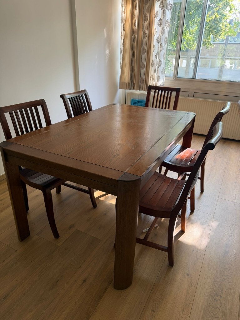 Houten Eettafel en 5 stoelen, Huis en Inrichting, Tafels | Eettafels, Ophalen, Gebruikt, Eikenhout, 50 tot 100 cm