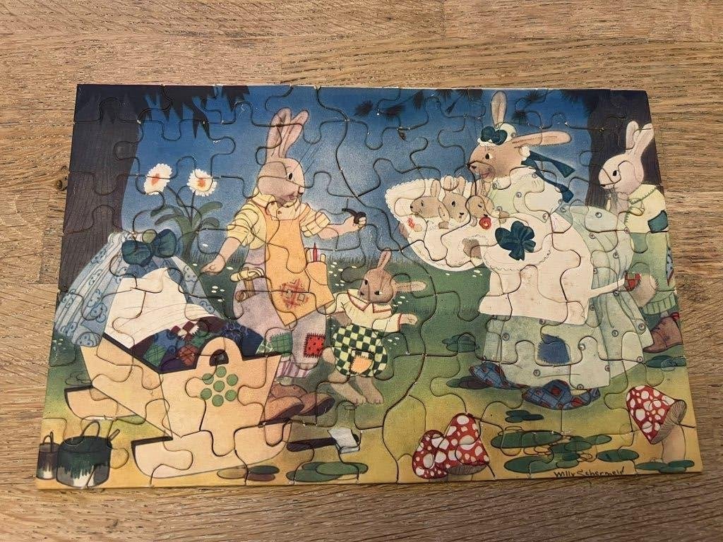 Willy Schermelé Puzzel - Vintage Konijnen, Ophalen of Verzenden, 10 tot 50 stukjes, Gebruikt