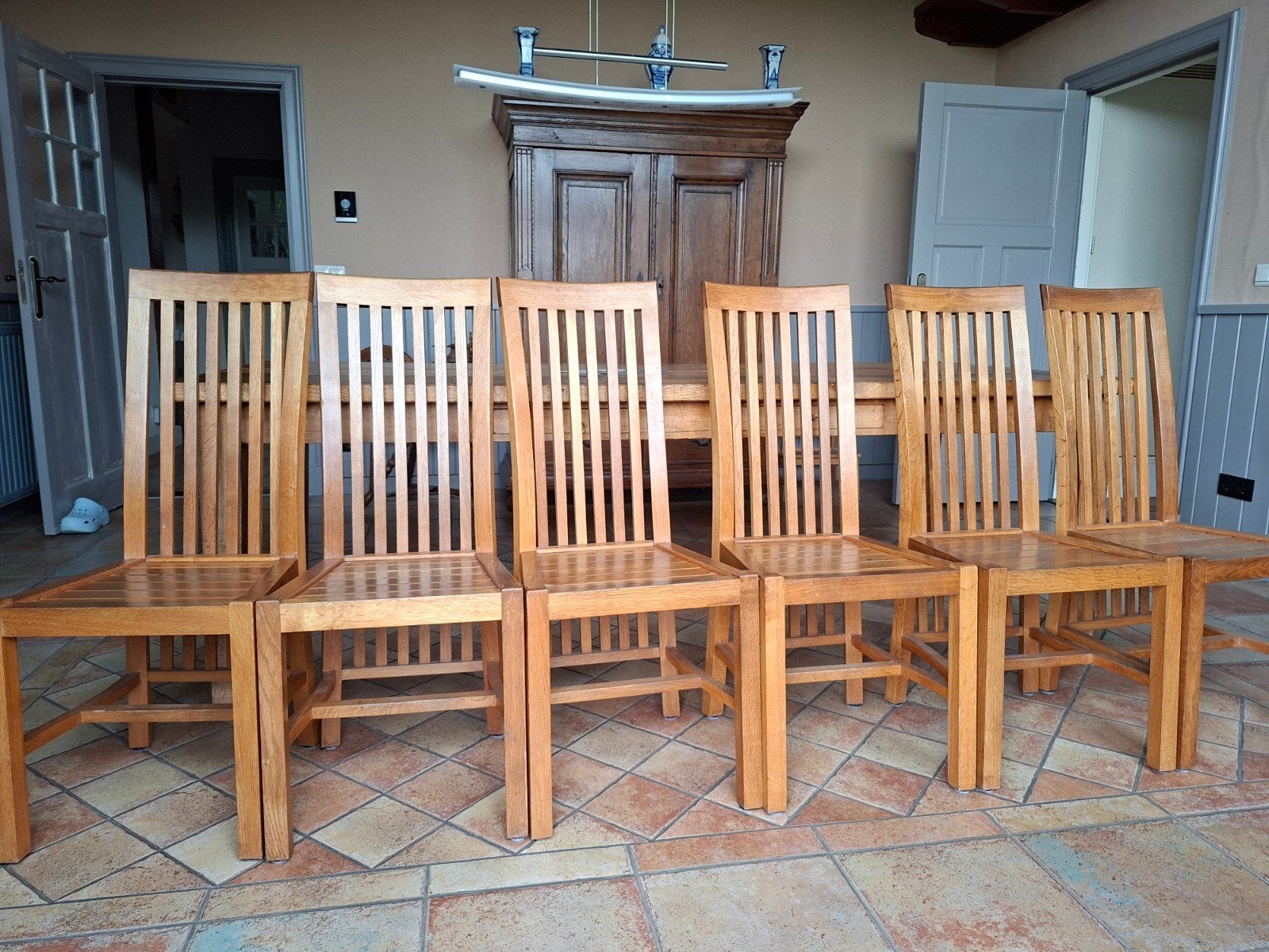 Eikenhouten eetkamerstoelen - Set van 6, Ophalen, Gebruikt, Bruin, Landelijk, Klassiek