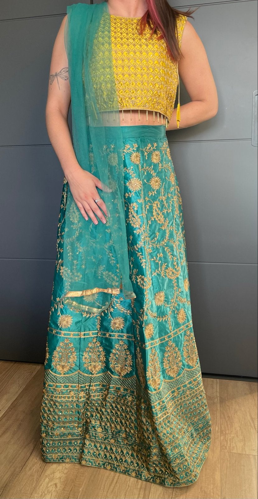 Prachtige Indiase Lehenga Choli - Geel & Groen, Maat 38/40 (M), Overige typen, Geel, Ophalen of Verzenden