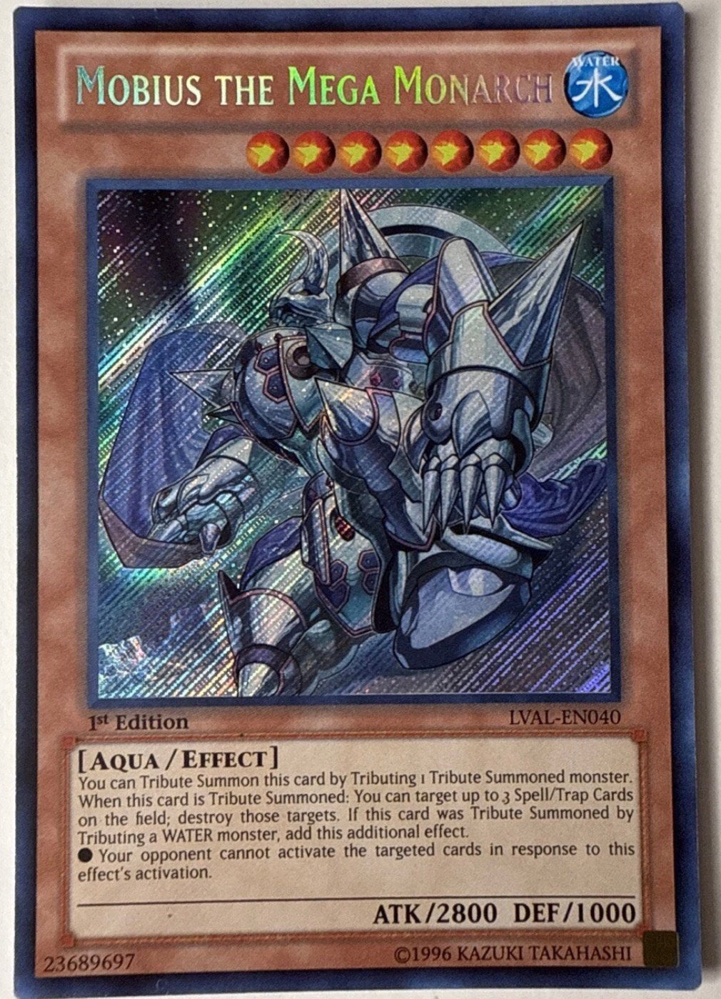 Yu-Gi-Oh! Mobius the Mega Monarch LVAL 1st Edition !, Ophalen of Verzenden, Zo goed als nieuw, Losse kaart, Foil