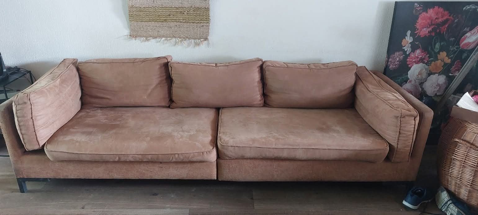 Comfortabele 3-zitsbank in bruine stof, Huis en Inrichting, Banken | Bankstellen, Gebruikt, Rechte bank, Driepersoons, 200 tot 250 cm