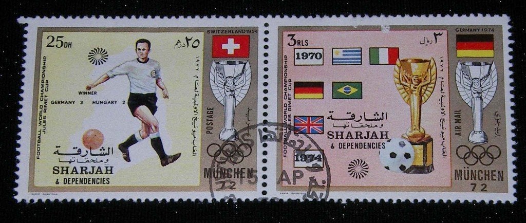 2 Postzegels / BLOK SHARJAH 1972 WK Voetbal München, Postzegels en Munten, Ophalen of Verzenden, Gestempeld, Sport