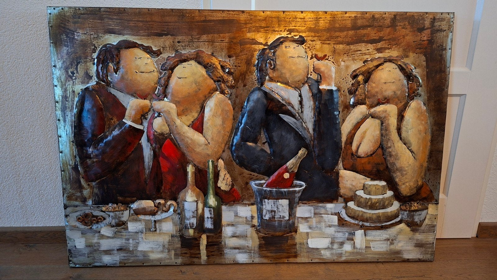 3D Metalen Schilderij: Dikke Dames en Heren bij Diner, Antiek en Kunst, Ophalen, Metaal, 3D-effect, Figuren