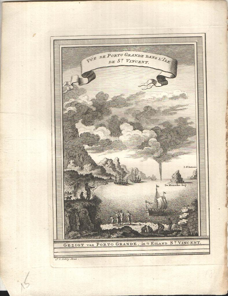 Gezigt van Porto Grande, in 't Eiland St. Vincent (1747), Antiek en Kunst, Kunst | Etsen en Gravures, Stadsgezicht, Ophalen of Verzenden