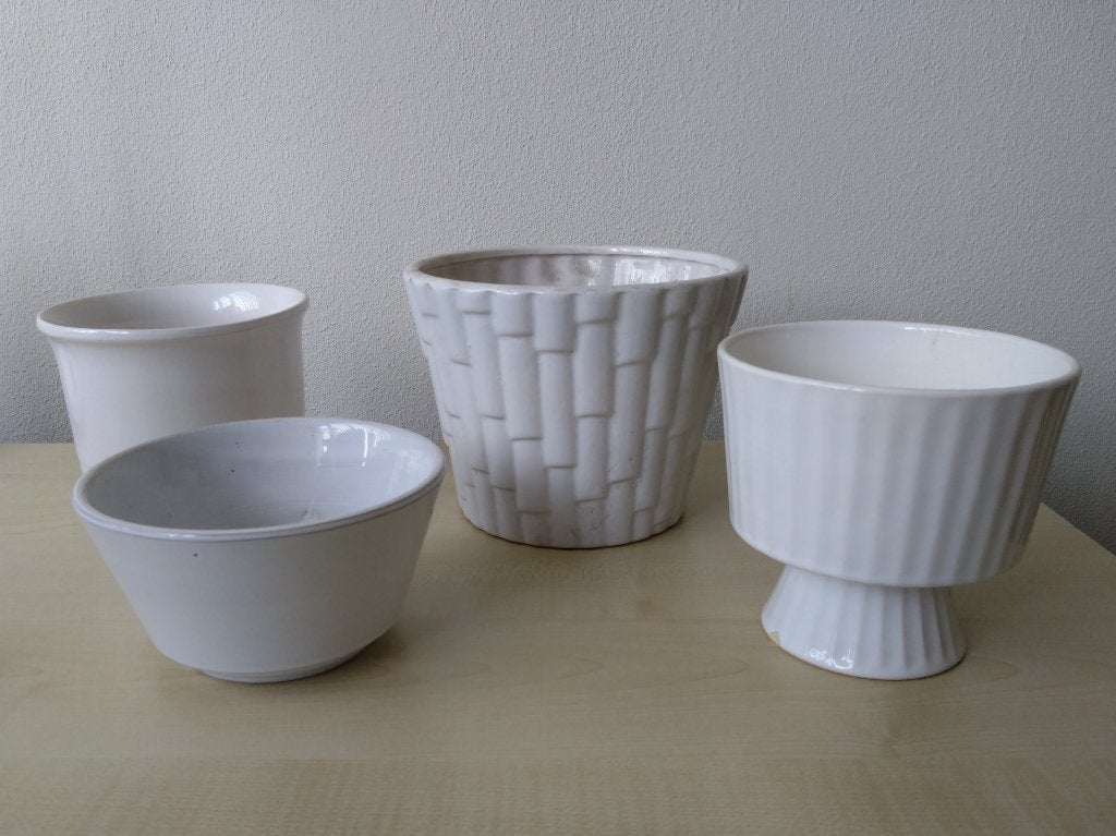 Set 4 stuks retro vintage bloempotten cactuspotten wit, Gebruikt, Rond, Binnen, Ophalen of Verzenden