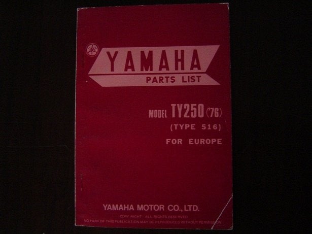 Yamaha TY250 1976 motorcycle parts list typ516, Motoren, Ophalen of Verzenden, Yamaha