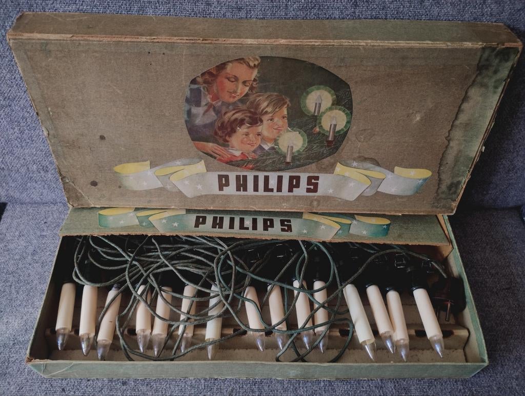 Zeer oude Philips kerstlampjes bakeliet art deco in doos, Diversen, Kerst, Verzenden